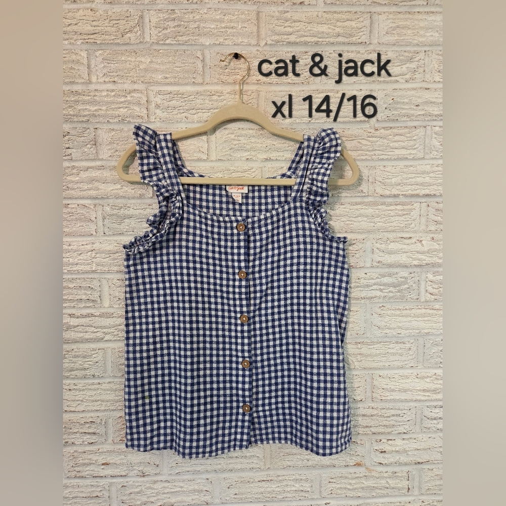 Cat & Jack Blue Checkered Ruffle Strap Button Front Top Girls XL